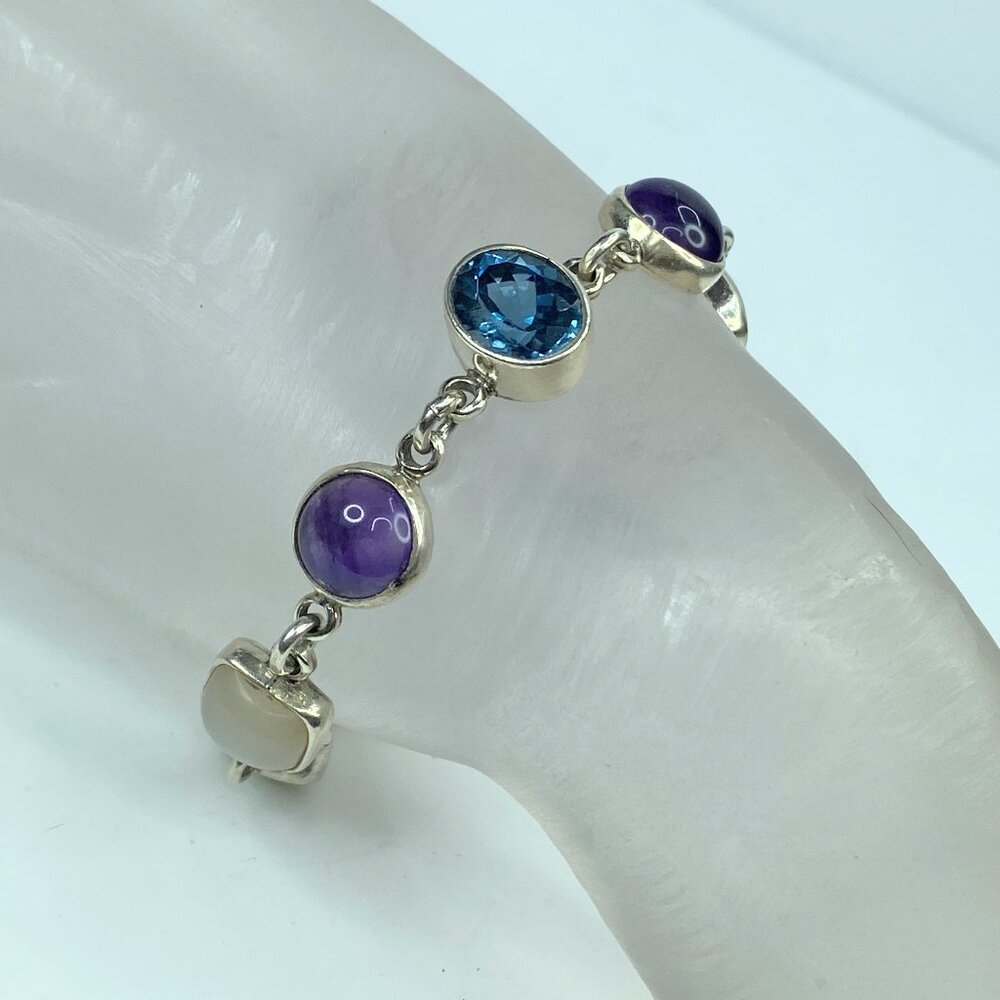 Obsidian Sterling silver Multiple colorful Gemstone bezel bracelet 8" JR646